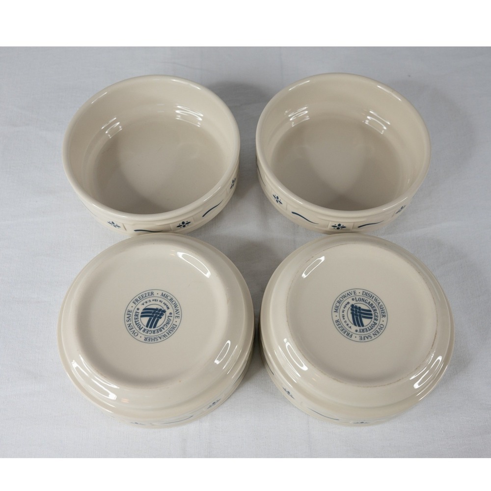 Longaberger Woven Traditions 6" Bowls Set of 4 Ivory Blue Excellent Pottery - Picture 4 of 9